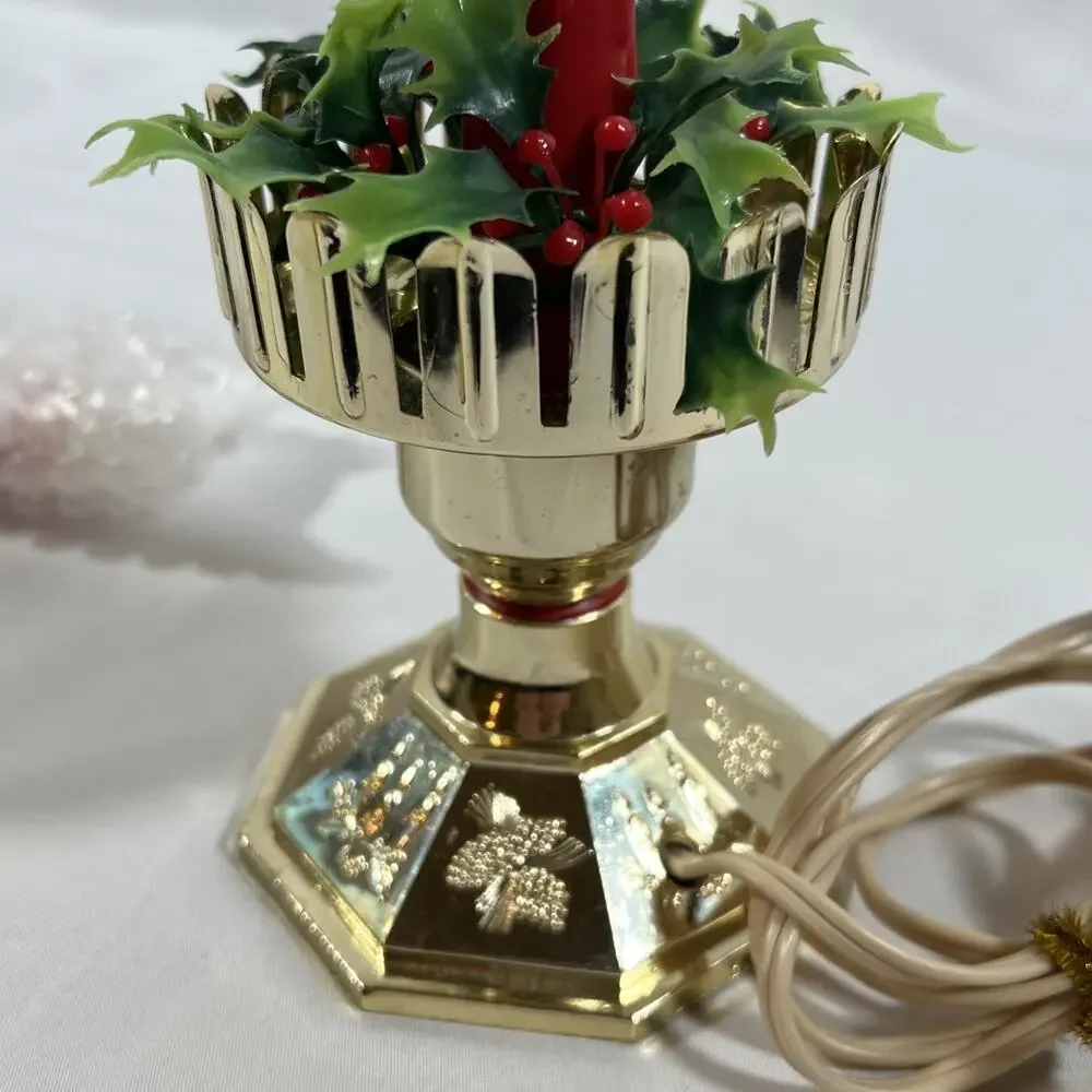 Vintage Blow Mold Plastic Light Up Candle Christmas Holly Lamp Electric Window